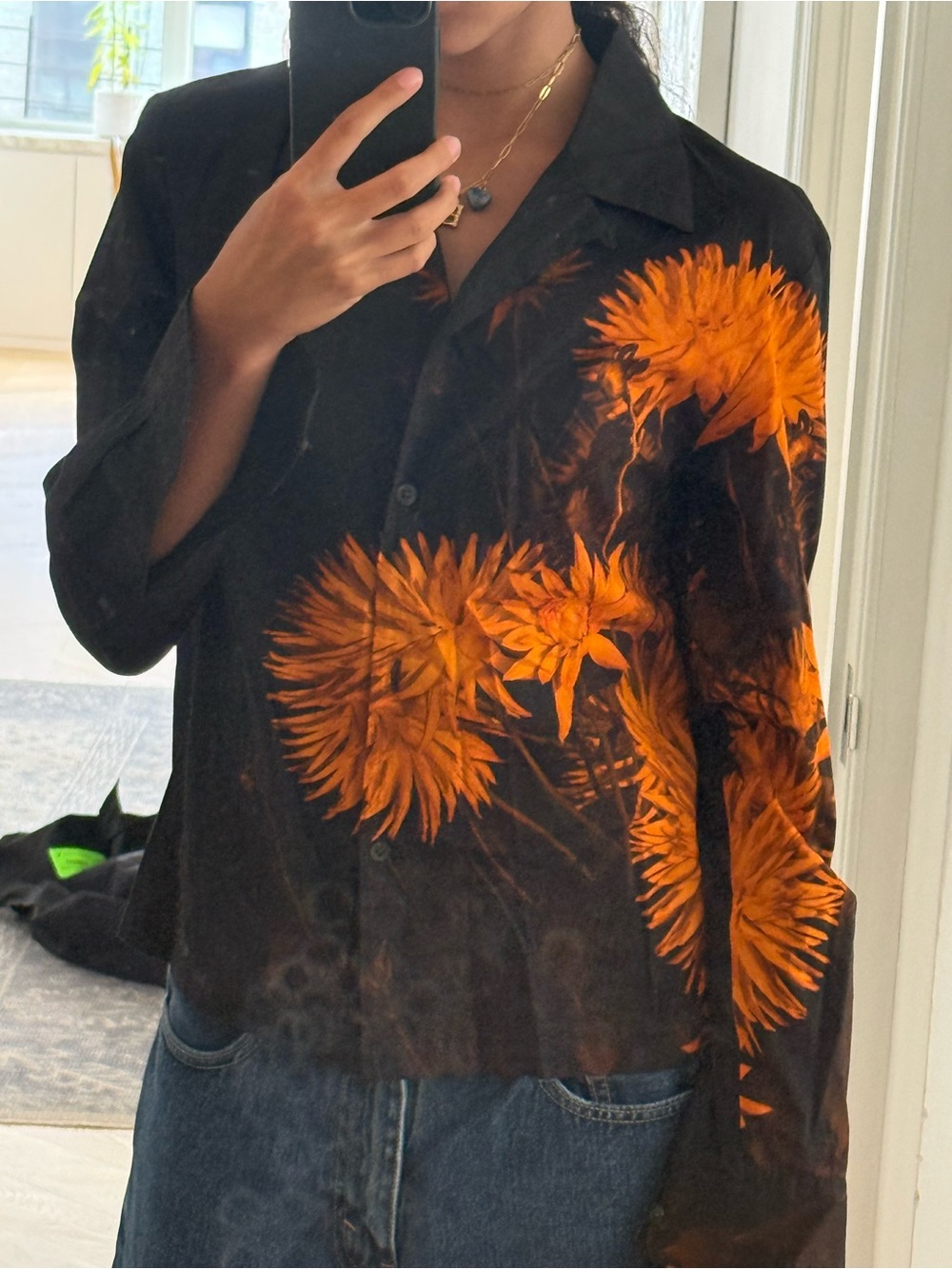 Dries Van Noten Black Button-Up Shirt with Orange Floral Print